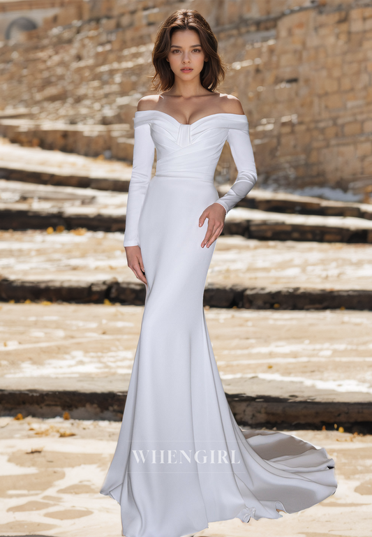 Beach Sweetheart Long Sleeves Wedding Dress Sheath Sweep Train Ruched Satin Boho Dress