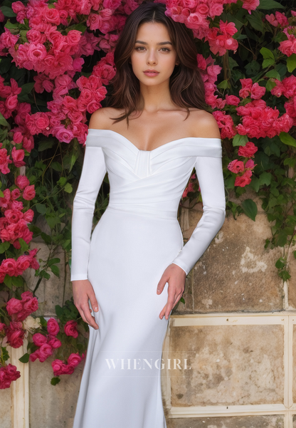 Beach Sweetheart Long Sleeves Wedding Dress Sheath Sweep Train Ruched Satin Boho Dress