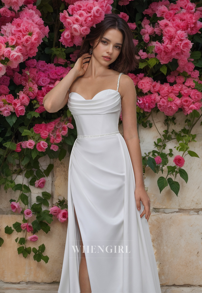 Spaghetti Straps Sweetheart Sheath Wedding Dress High Slit Train Satin Bridal Gowns with Beads
