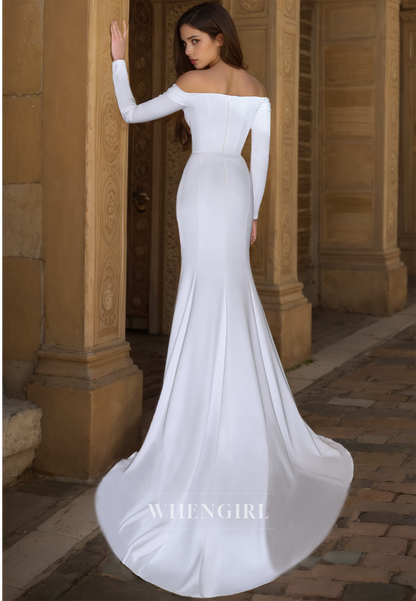 Beach Sweetheart Long Sleeves Wedding Dress Sheath Sweep Train Ruched Satin Boho Dress