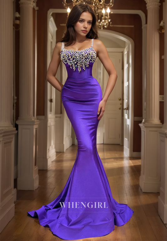 Spaghetti Straps Tube Top Mermaid Formal Gowns Sleeveless Train Pleated Satin Prom Dress with Beads