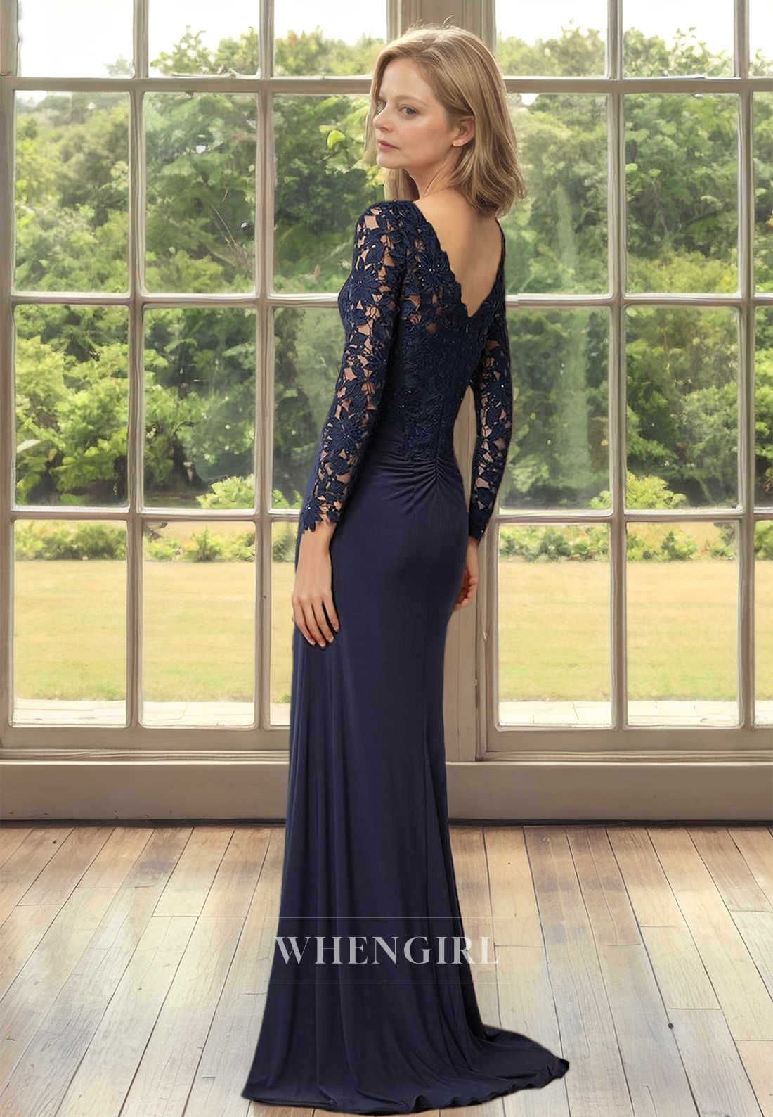 Elegant&Luxurious V-Neck Long Sleeves Sheath Appliques Lace Mother of the Bride Gowns with Pleats