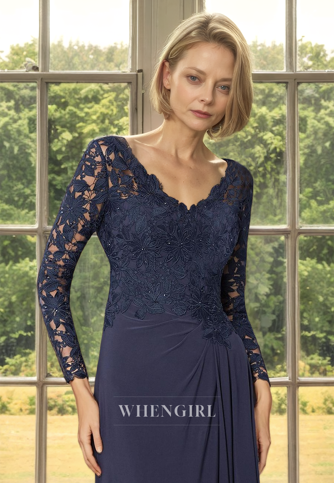Elegant&Luxurious V-Neck Long Sleeves Sheath Appliques Lace Mother of the Bride Gowns with Pleats