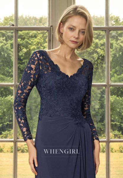 Elegant&Luxurious V-Neck Long Sleeves Sheath Appliques Lace Mother of the Bride Gowns with Pleats