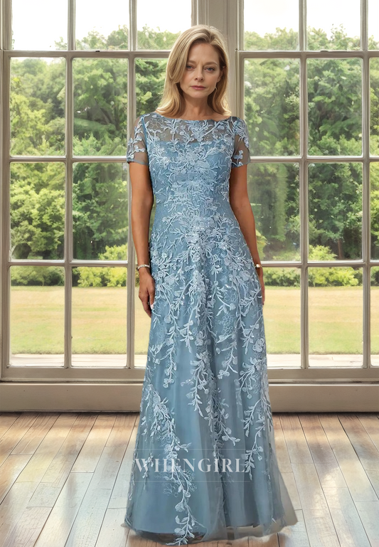 Glamorous&Dramatic Sheath Short Sleeves Scoop Neck Cocktail Dress with Appliques Mother of Bride