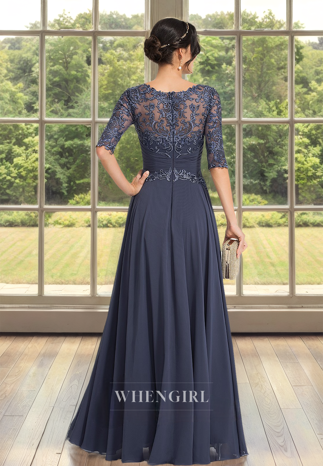 Sexy&Hot Scoop Neck A-Line Half Sleeves Floor-Length Lace Mother of Bride Dress with Appliques Cocktail Gown