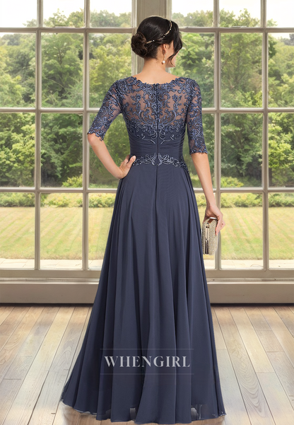 Sexy&Hot Scoop Neck A-Line Half Sleeves Floor-Length Lace Mother of Bride Dress with Appliques Cocktail Gown