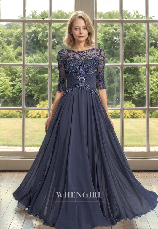 Sexy&Hot Scoop Neck A-Line Half Sleeves Floor-Length Lace Mother of Bride Dress with Appliques Cocktail Gown