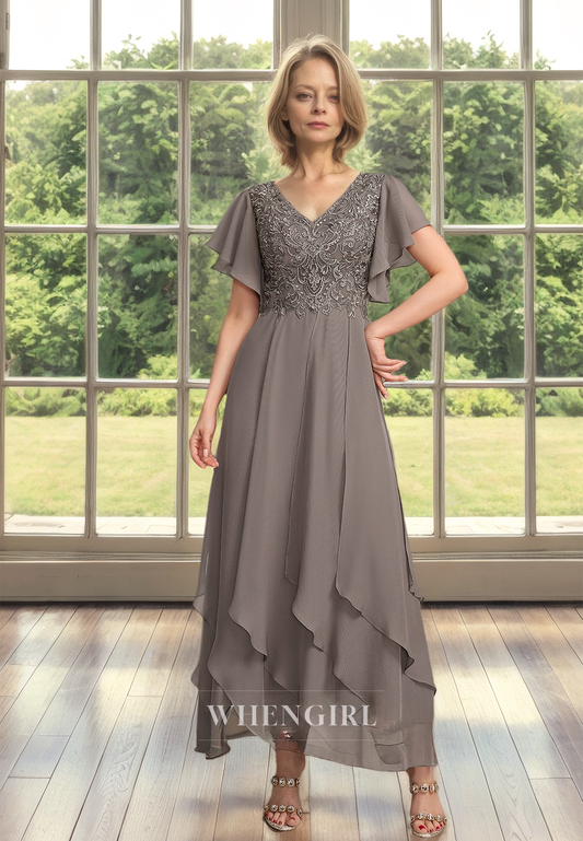 Chic&Modern Low V-Neck Short Sleeves A-Line Lace Mother of Bride Dress with Appliques Cocktail Dress