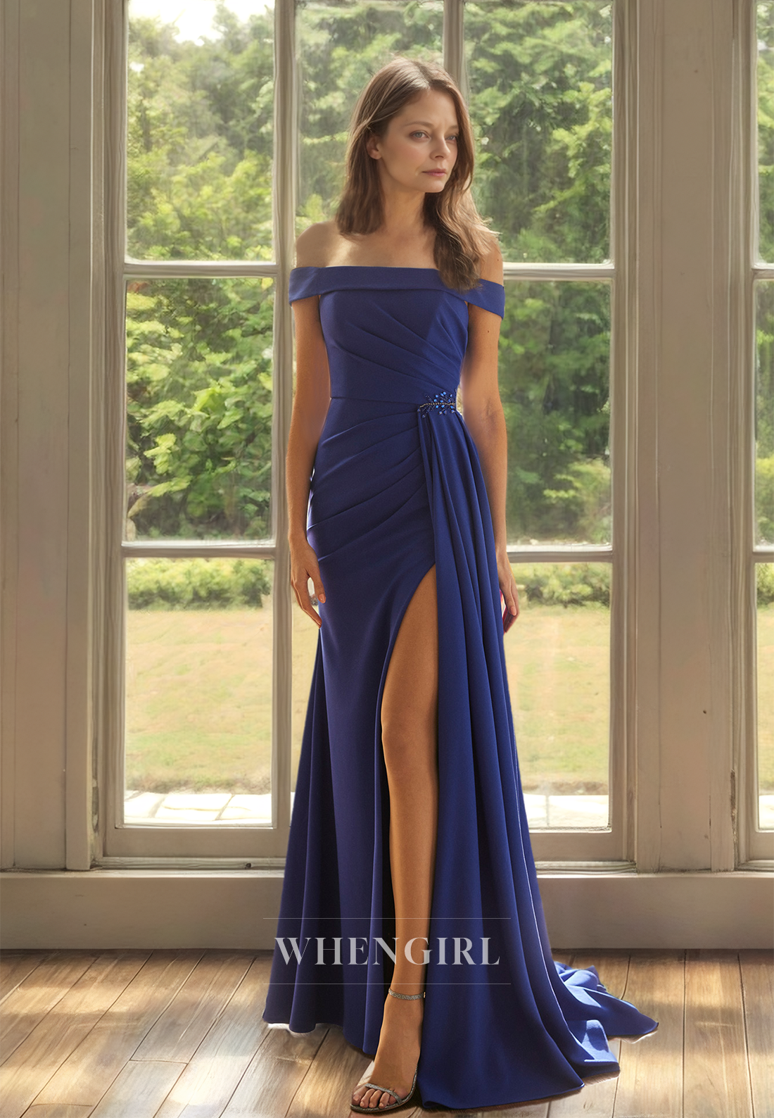 Sexy&Hot Off-Shoulder Tube Top Sleeveless Sheath High Split Pleats Satin Mother of the Bride Dress with Beads