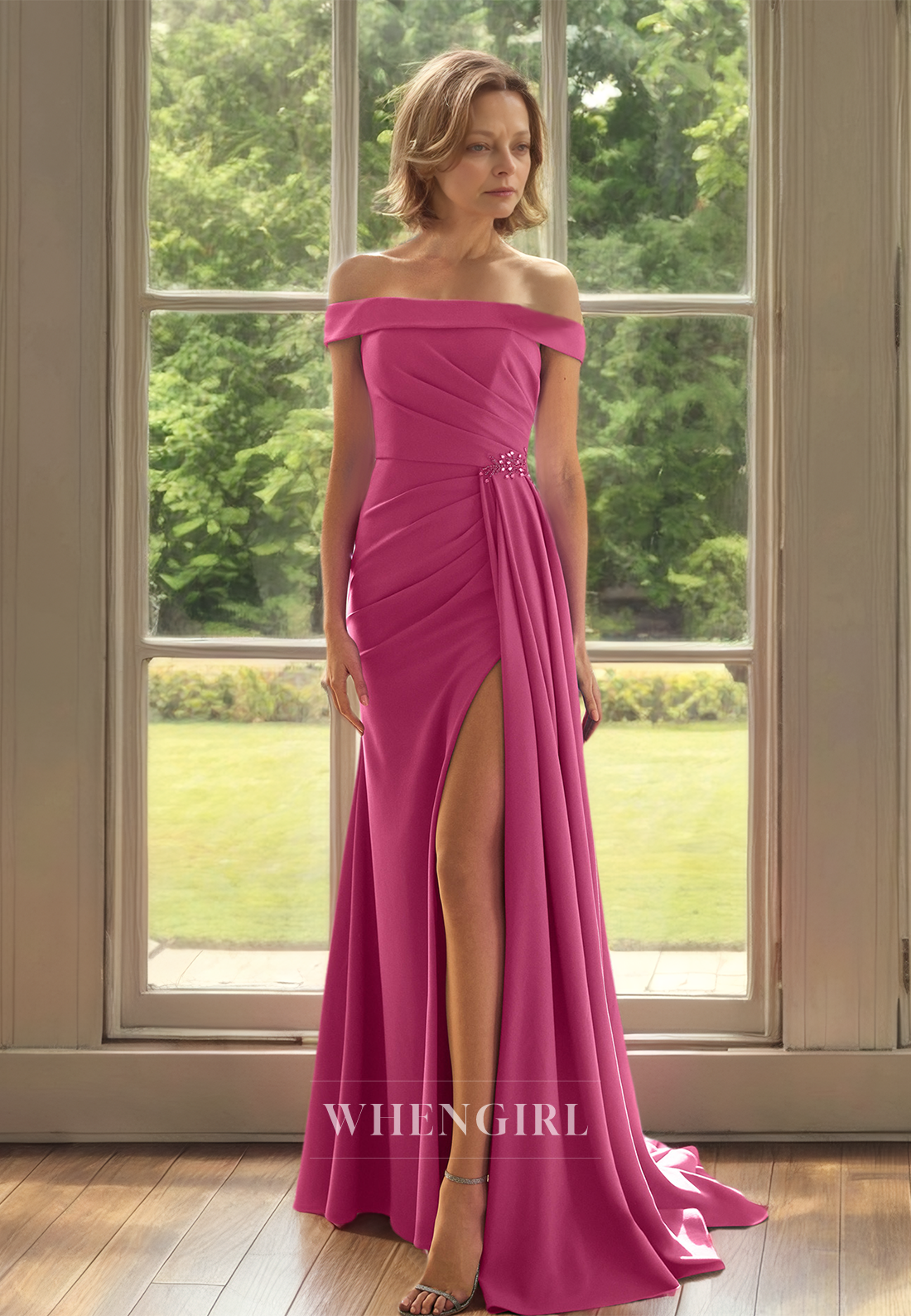 Sexy&Hot Off-Shoulder Tube Top Sleeveless Sheath High Split Pleats Satin Mother of the Bride Dress with Beads