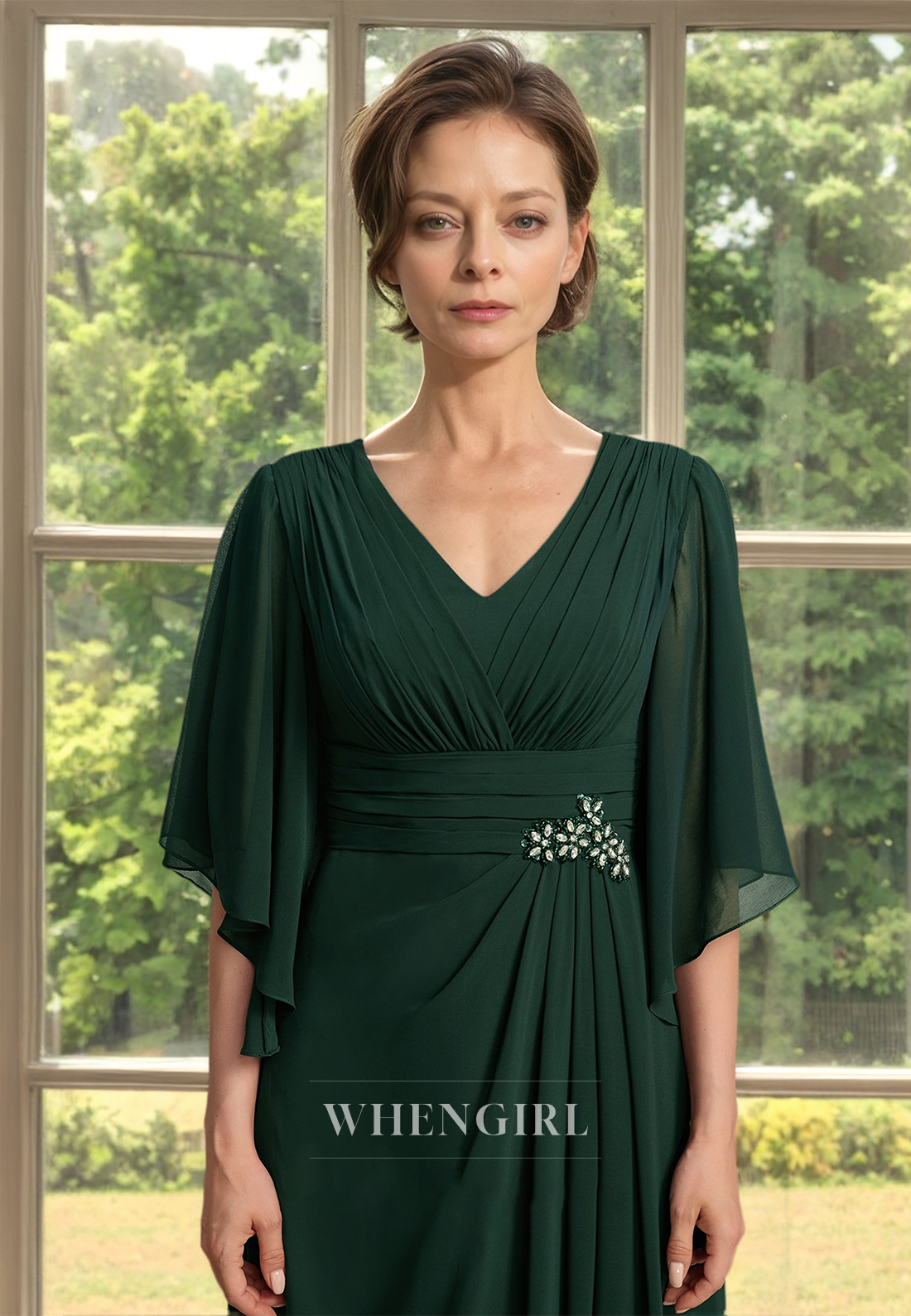 Chic&Modern Half Sleeves A-Line V-Neck Floor-Length Pleats Lace Cocktail Dress with Beads Mother of Bride
