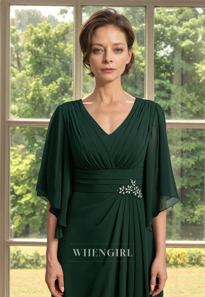 Chic&Modern Half Sleeves A-Line V-Neck Floor-Length Pleats Lace Cocktail Dress with Beads Mother of Bride