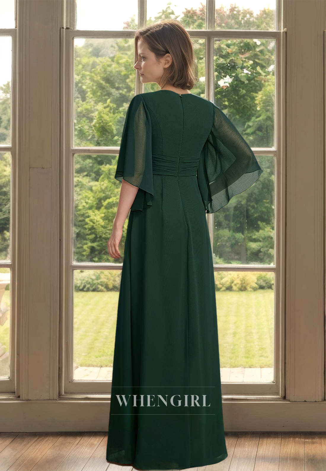 Chic&Modern Half Sleeves A-Line V-Neck Floor-Length Pleats Lace Cocktail Dress with Beads Mother of Bride