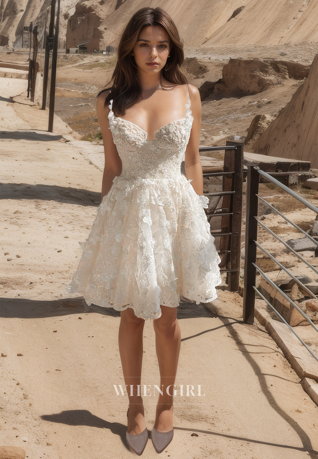 Sweetheart Spaghetti Straps A-Line Sleeveless Pleats Lace Short Wedding Dress with Appliques Boho Dress