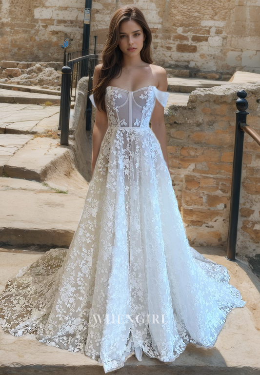 Off-Shoulder Sweetheart A-Line Sleeveless Appliques Lace Sheer Bridal Gowns with Train Wedding Dress