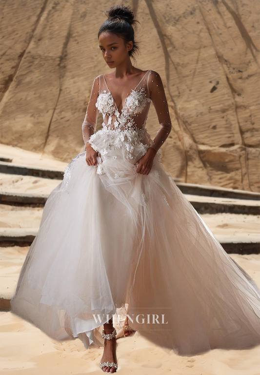 A-Line V-Neck Long Sleeves Sweep Train Appliques Sheer Lace Wedding Dress with Beads Beach Gowns