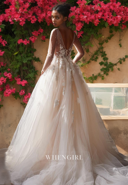 A-Line V-Neck Long Sleeves Sweep Train Appliques Sheer Lace Wedding Dress with Beads Beach Gowns