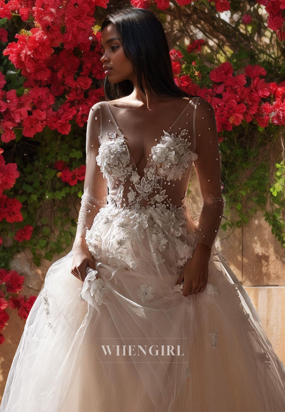 A-Line V-Neck Long Sleeves Sweep Train Appliques Sheer Lace Wedding Dress with Beads Beach Gowns