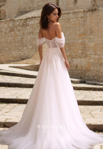 Off-Shoulder Sweetheart A-line Wedding Dress Sleeveless Sequins Lace Bridal Dress with Brush Train