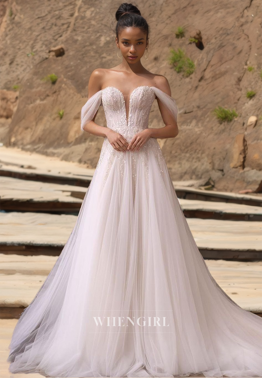 Off-Shoulder Sweetheart A-line Wedding Dress Sleeveless Sequins Lace Bridal Dress with Brush Train