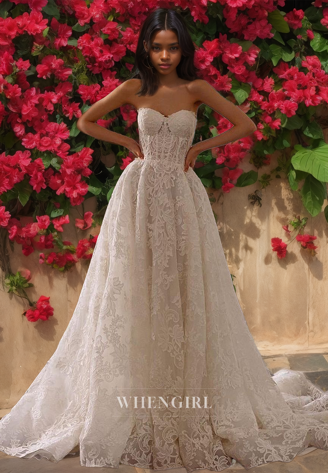 A-Line Sweetheart Sleeveless Bridal Gowns Stripe Pleats Appliques Lace Wedding Dress with Train