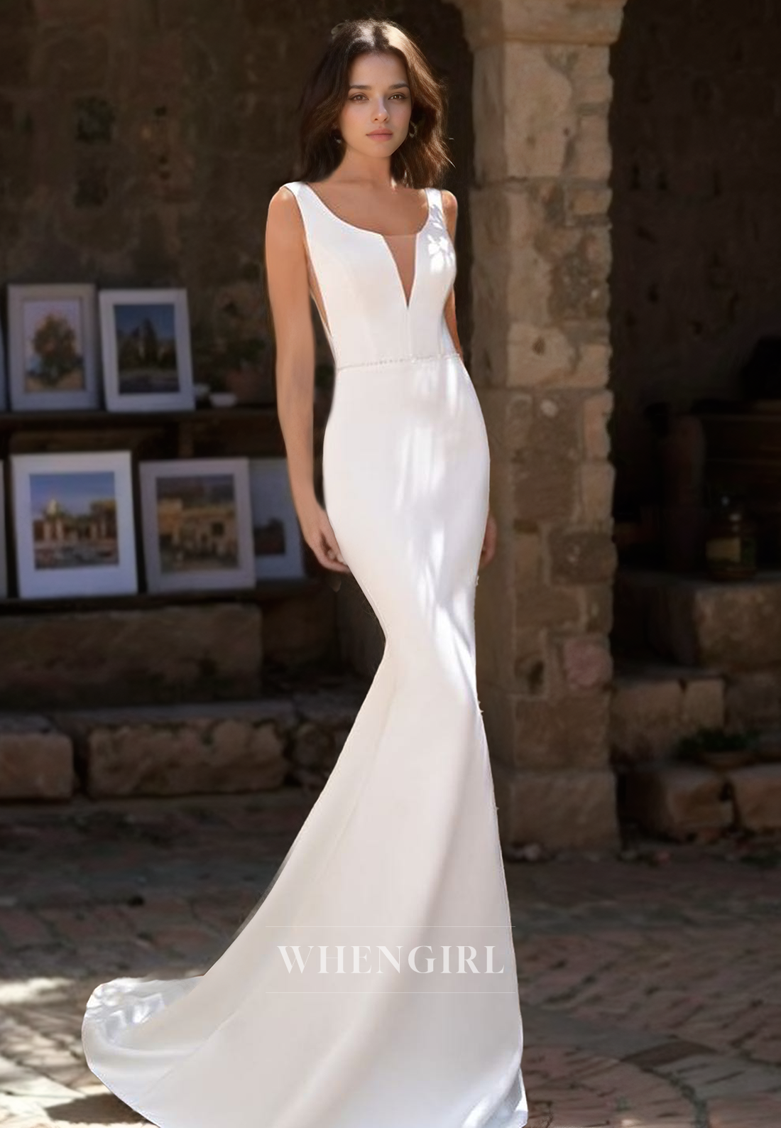 Scoop Neck Straps Sleeveless Mermaid Beach Wedding Dress Beads Satin Boho Gowns with Train