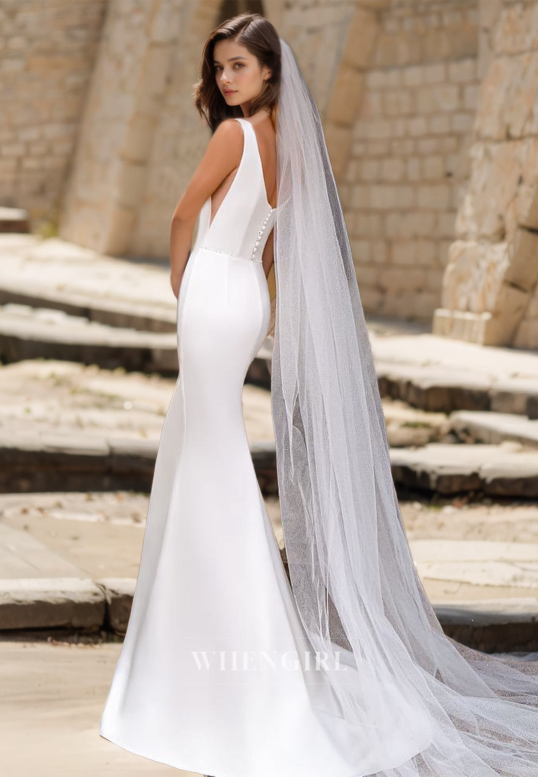 Scoop Neck Straps Sleeveless Mermaid Beach Wedding Dress Beads Satin Boho Gowns with Train