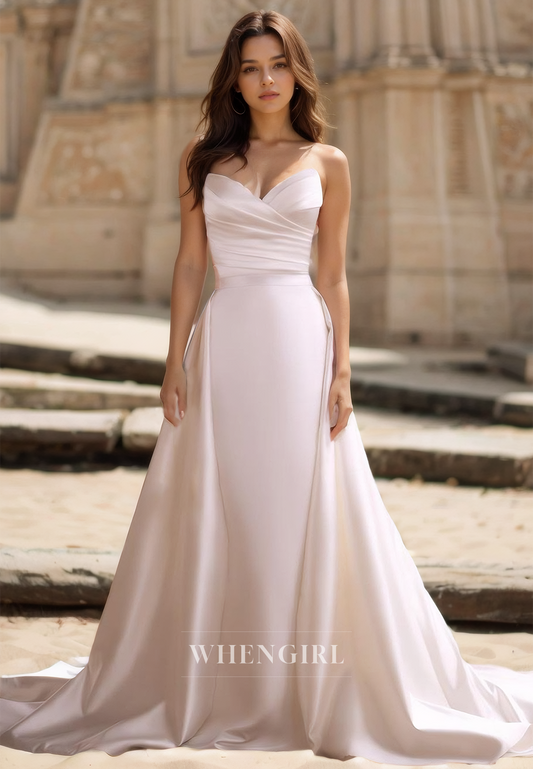 Sweetheart Sleeveless Mermaid Bridal Dress Pleated Satin Wedding Dress with Detachable Overskirt