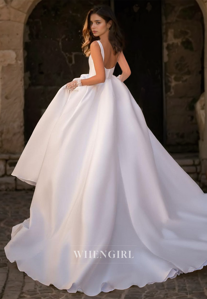 Scoop Neck Straps A-Line Wedding Dress Sleeveless Pleated Satin Bridal Gowns with Sweep Train