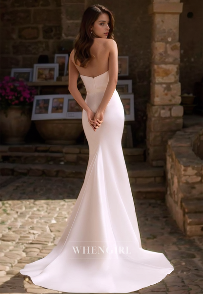 Sweetheart Sleeveless Mermaid Bridal Dress Pleated Satin Wedding Dress with Detachable Overskirt