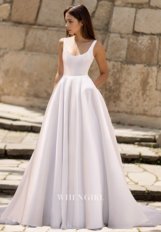 Scoop Neck Straps A-Line Wedding Dress Sleeveless Pleated Satin Bridal Gowns with Sweep Train