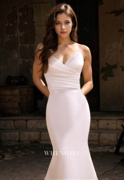 Sweetheart Sleeveless Mermaid Bridal Dress Pleated Satin Wedding Dress with Detachable Overskirt