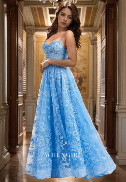 A-Line Spaghetti Straps Sweetheart Prom Dress Sleeveless Stripe Lace Party Gowns with Appliques