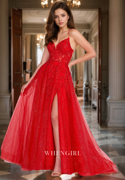 Spaghetti Straps A-Line Sweetheart Sleeveless Prom Dress High Slit Lace Party Dress with Appliques