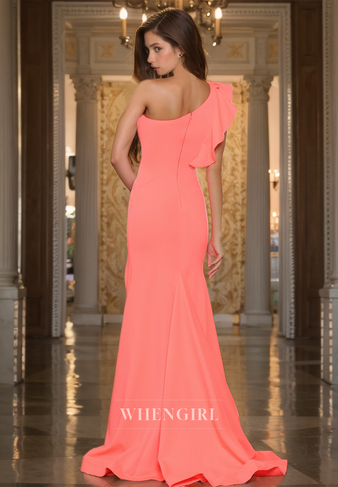 One Shoulder Sleeveless Mermaid Prom Dress High Slit Satin Formal Gowns with Sweep Train