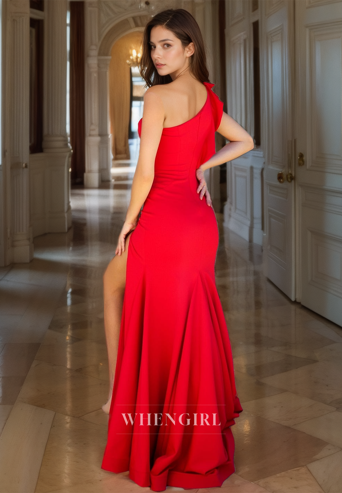 One Shoulder Sleeveless Mermaid Prom Dress High Slit Satin Formal Gowns with Sweep Train