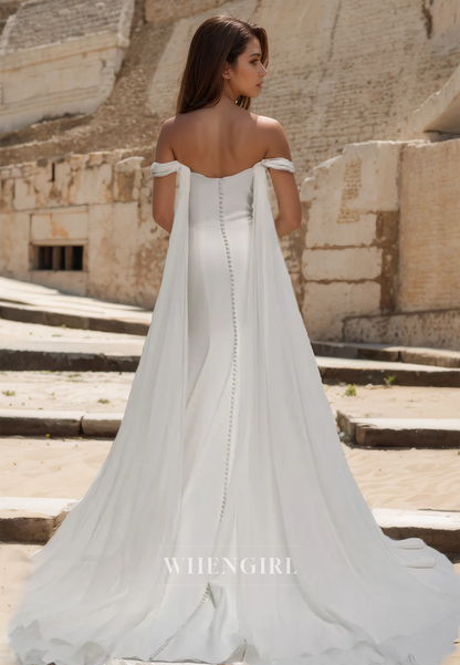 Off-Shoulder Sheath Wedding Dress Sleeveless Ruched Satin Bridal Gowns with Sweep Train