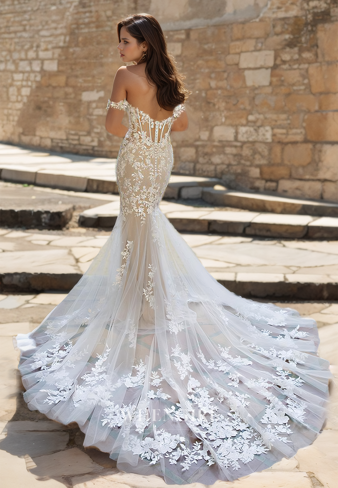 Sweetheart Mermaid Sleeveless Sweep Train Stripe Lace Wedding Dress with Appliques Bridal Dress