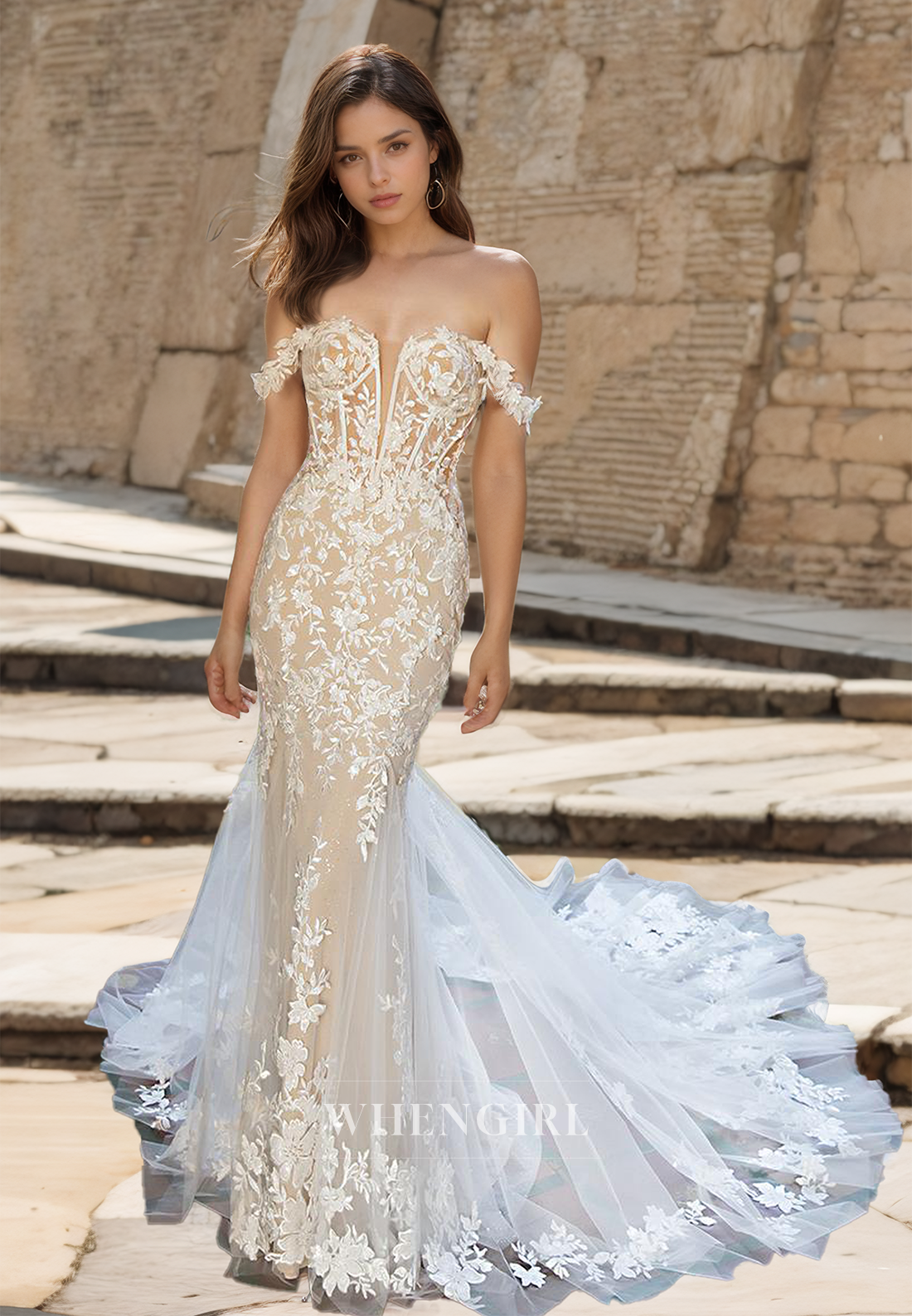 Sweetheart Mermaid Sleeveless Sweep Train Stripe Lace Wedding Dress with Appliques Bridal Dress