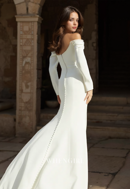 Simple Strapless Tube Top Long Sleeves Mermaid Wedding Dress with Brush Train Bridal Gowns