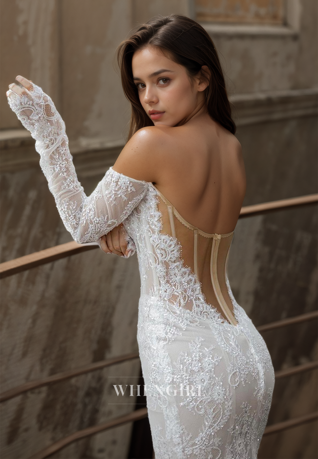 Sweetheart Sheath Wedding Dress Long Sleeves Lace Bridal Gowns with Sequins Appliques