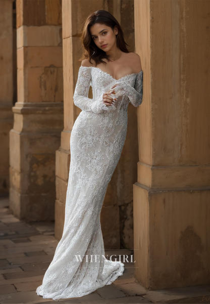 Sweetheart Sheath Wedding Dress Long Sleeves Lace Bridal Gowns with Sequins Appliques