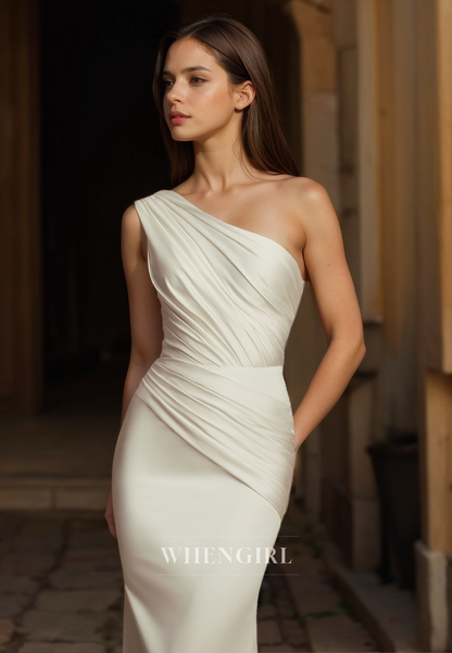 Asymmetrical One Shoulder Mermaid Wedding Dress Sleeveless Pleats Satin Bridal Gowns with Train