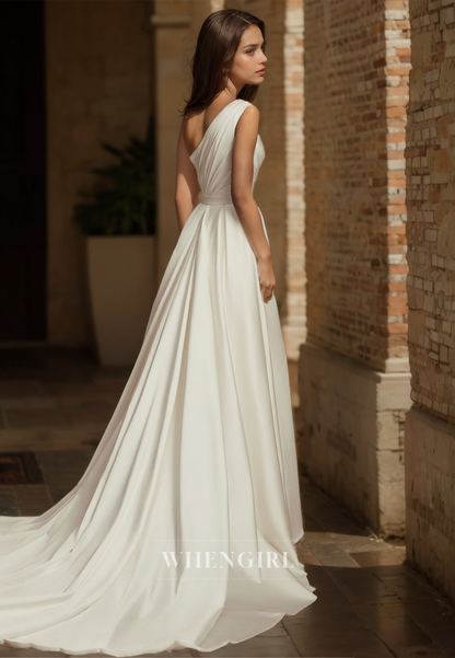 Asymmetrical One Shoulder Mermaid Wedding Dress Sleeveless Pleats Satin Bridal Gowns with Train