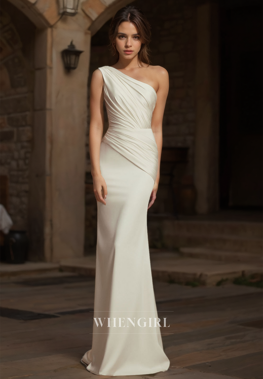 Asymmetrical One Shoulder Mermaid Wedding Dress Sleeveless Pleats Satin Bridal Gowns with Train