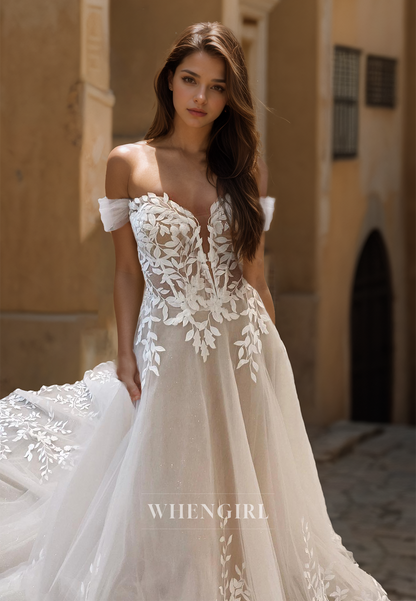 A-Line Off-Shoulder Sweetheart Sleeveless Sweep Train Stripe Lace Wedding Dress Bridal Dress with Appliques