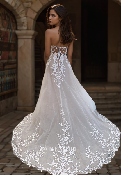 A-Line Off-Shoulder Sweetheart Sleeveless Sweep Train Stripe Lace Wedding Dress Bridal Dress with Appliques