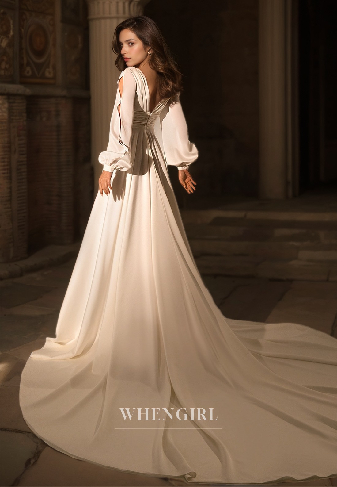 A-Line V-Neck Long Sleeves High Split Pleated Lace Beach Gowns Boho Wedding Dress with Train