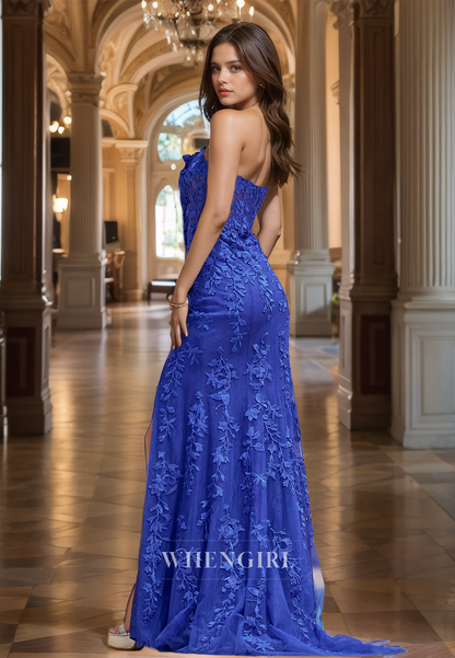 Strapless Tube Top Sleeveless Mermaid High Split Train Lace Prom Dress Party Dress with Appliques